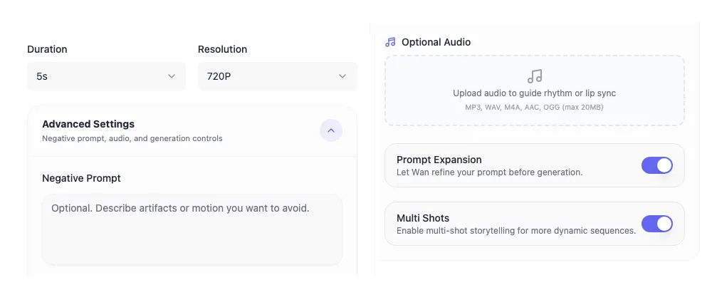Wan 3.0 output settings — resolution, duration, style panel