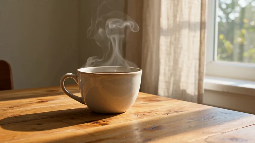 Input frame of a beige coffee cup with steam on a wooden table beside a window